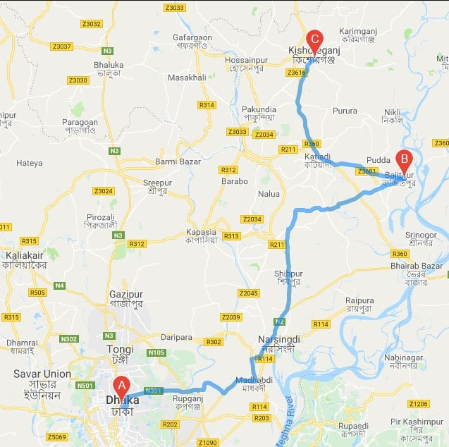 ঢাকা থেকে কিশোরগঞ্জ রাস্তার মানচিত্র