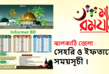 ঝালকাঠি জেলা সেহরি ও ইফতারের সময়সূচী ।